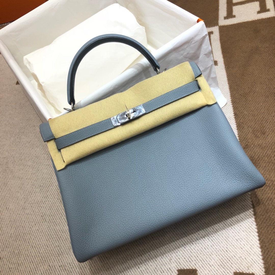 Hermes Kelly 32cm Handbag Shoulder Bag in Blue Lin Togo Leather